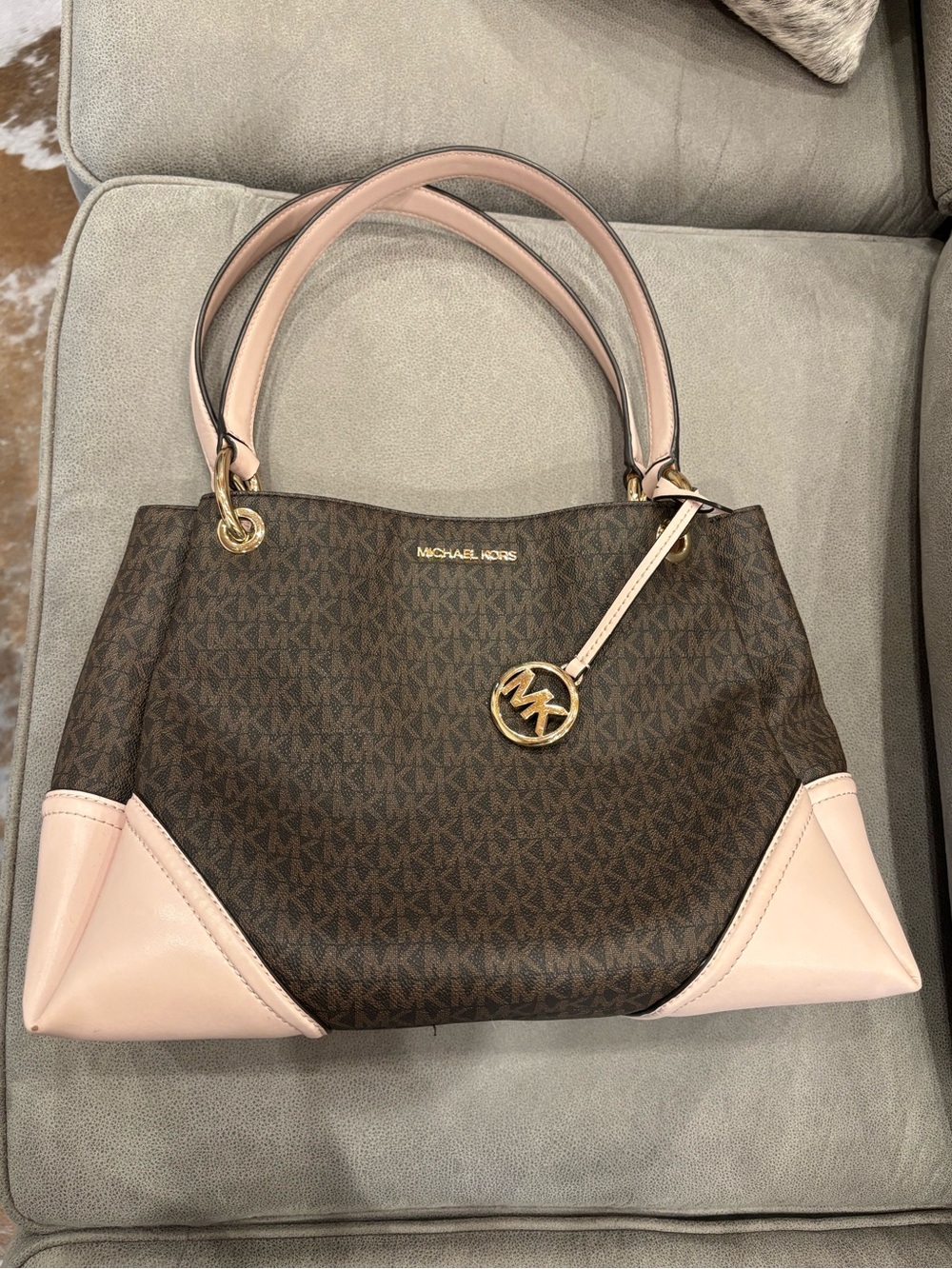 Michael Kors Brown & Pink MK Monogram Satchel